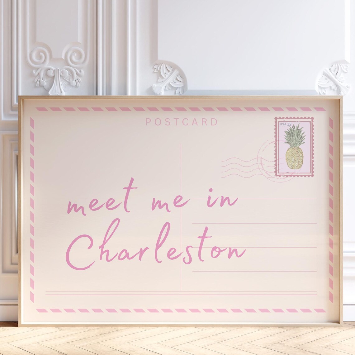 Meet Me In Charleston Pink Postcard Style Travel Wall Art Decor