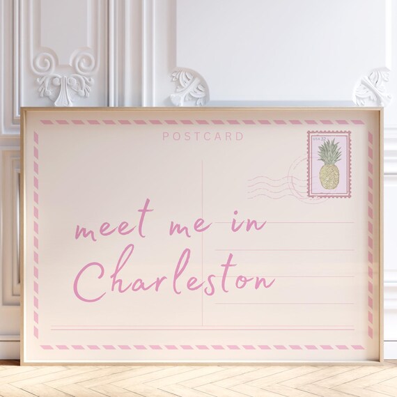 Meet Me in Charleston Pink Postcard Style Vintage Travel Poster
