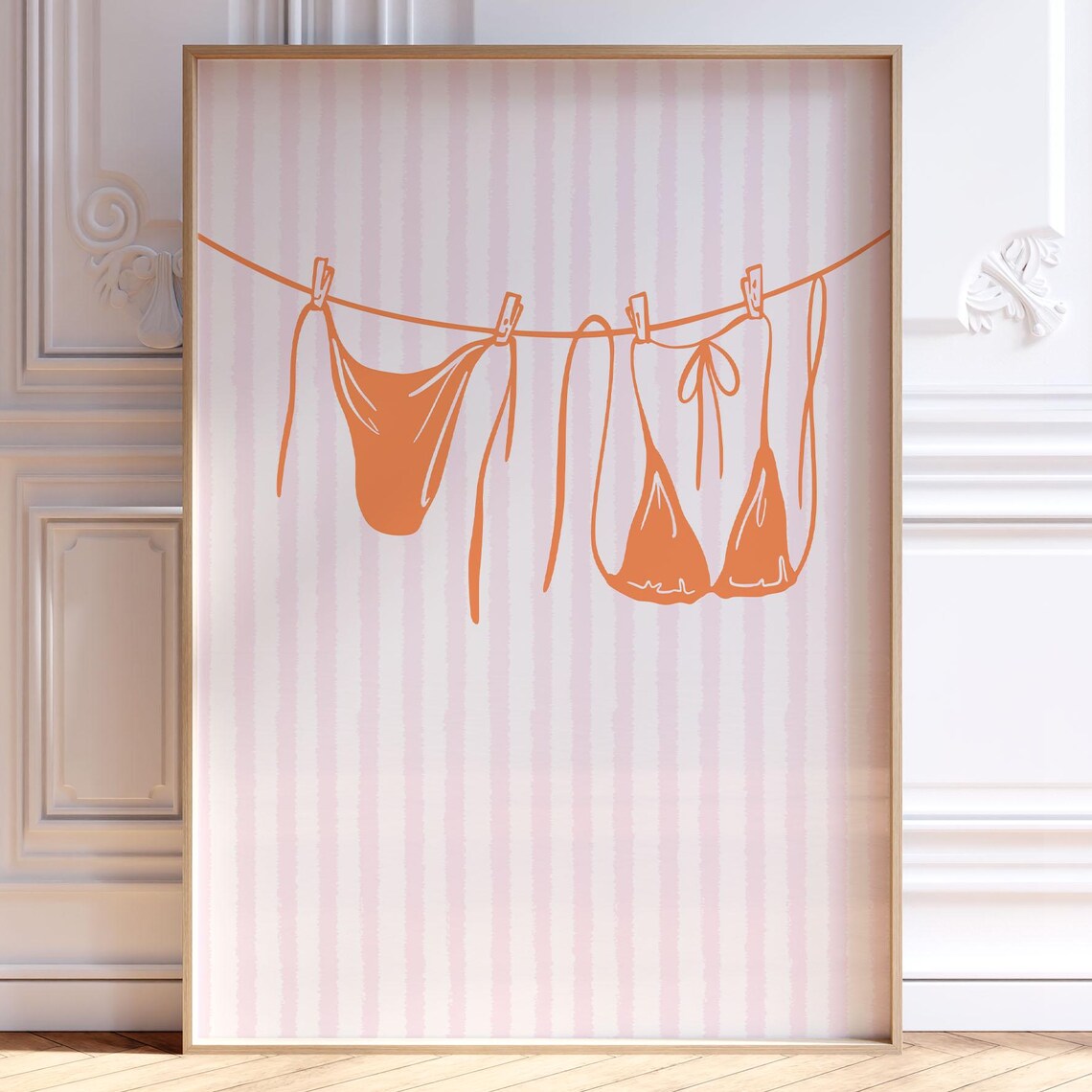 Orange Bikini Clothesline Pink Striped Trendy Girly Summer Poster