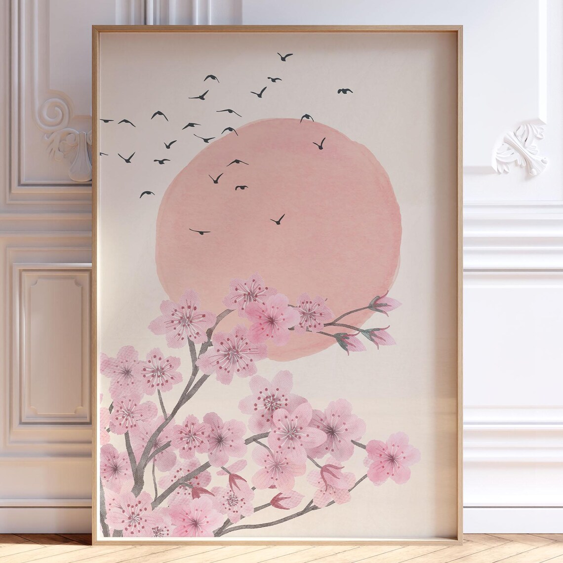 Cherry Blossom Birds Pink Moon Japanese Minimalist Floral Print