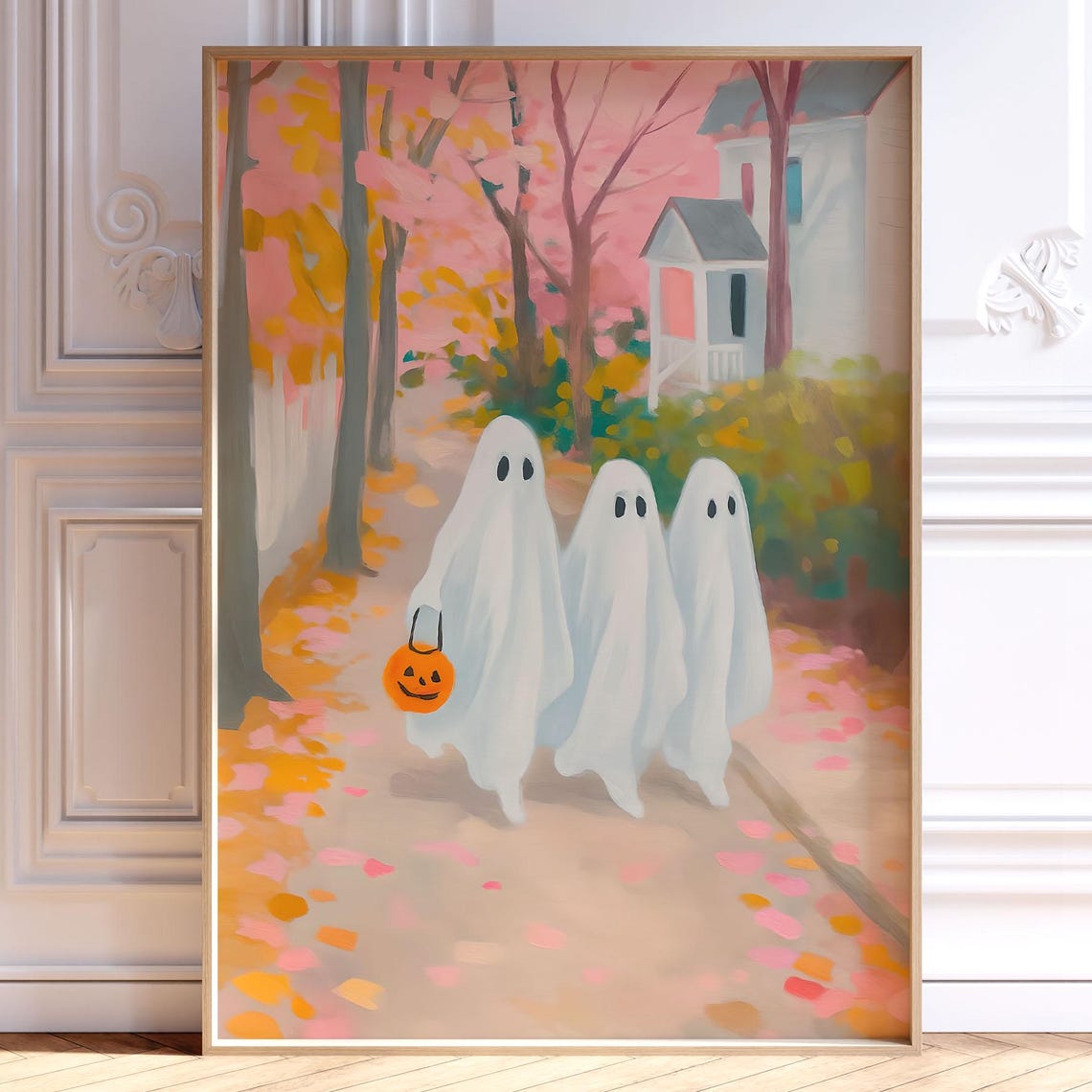 Cute Ghosts Halloween Print Trick Or Treat Poster Pastel Fall Wall Art Spooky Autumn Decor Seasonal