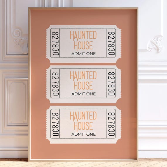 Haunted House Ticket Print Halloween Trendy Wall Art Orange Black Seasonal Dorm Room Decor College Apartment