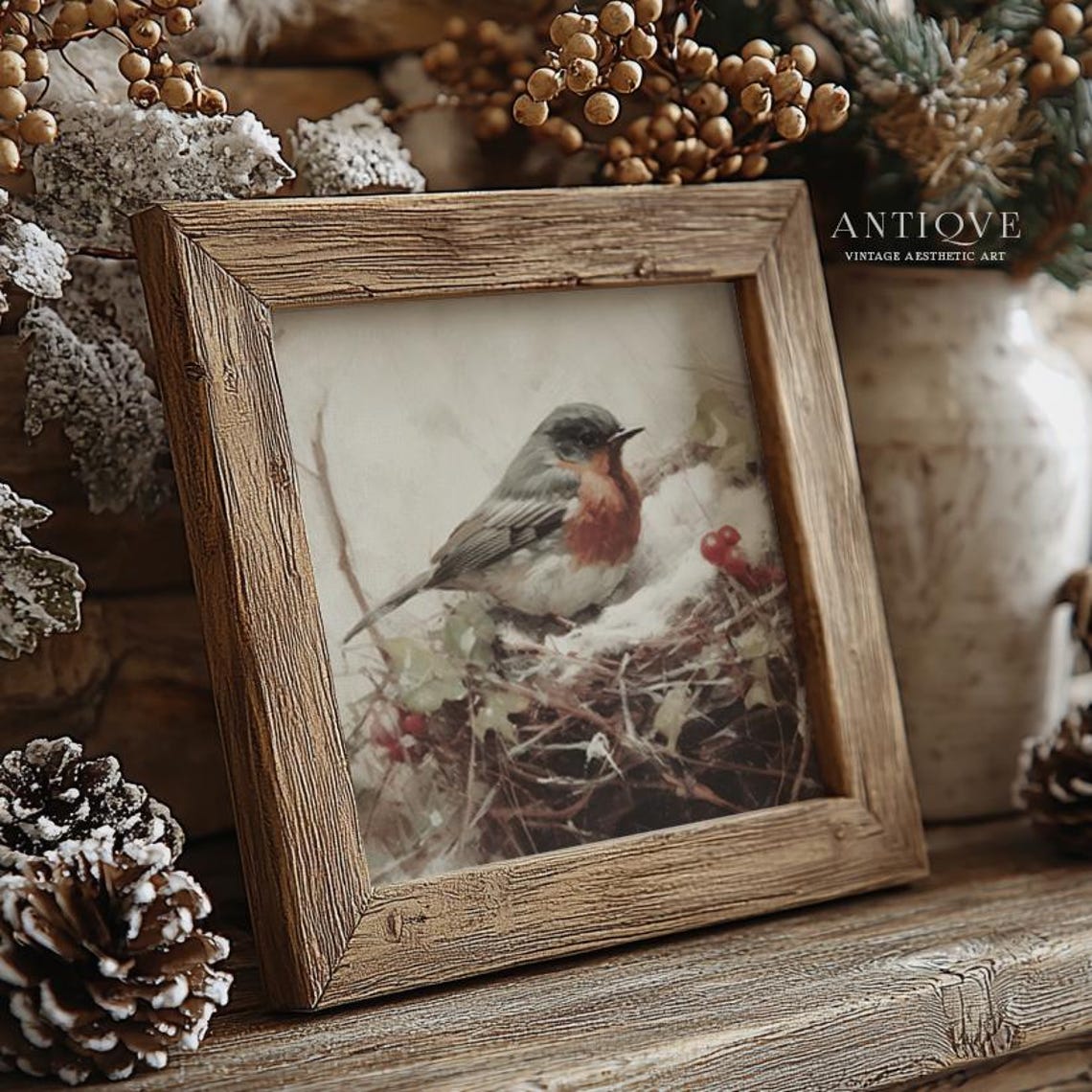 Robin Perched on Snowy Nest with Red Berries Winter Bird Wall Art - Image 2