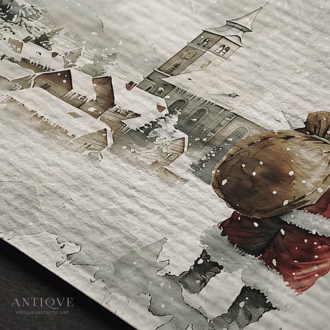 Santa Claus Walking To Snowy Village Watercolor Christmas Art Poster - Image 3