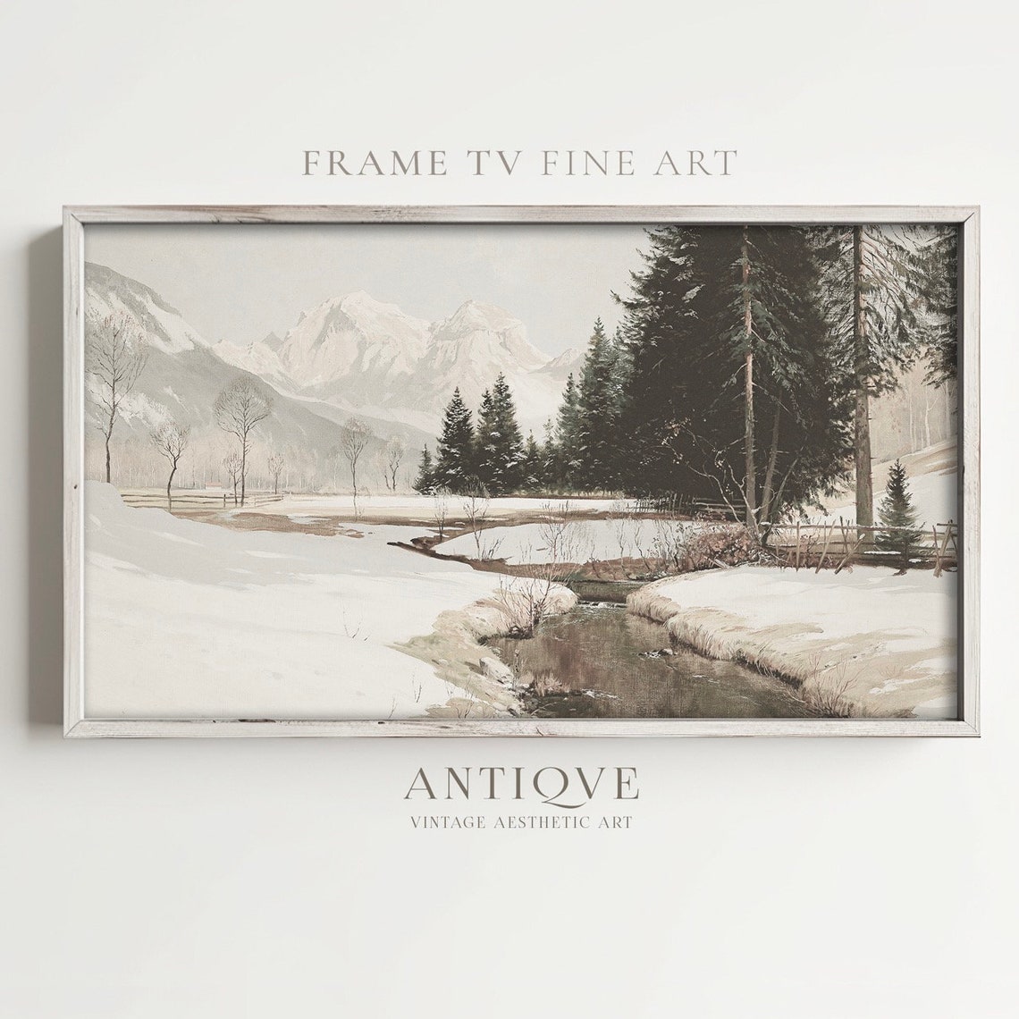 Snowy Mountain Stream with Pines Vintage Winter Landscape Art Print - Image 3