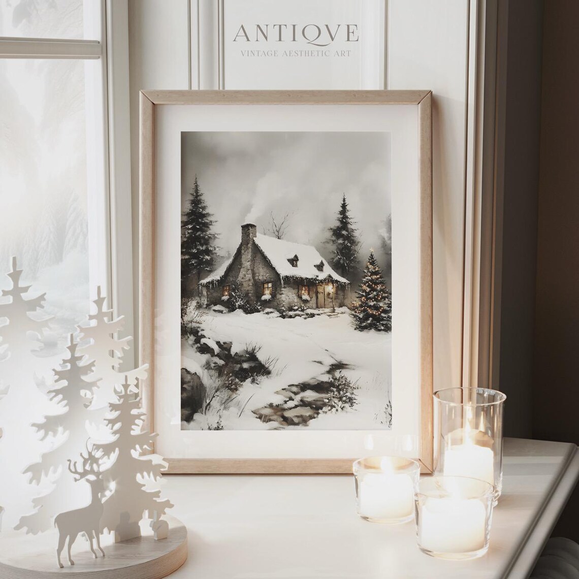 Charming Snowy Stone Cottage With Christmas Tree Winter Night Poster - Image 4