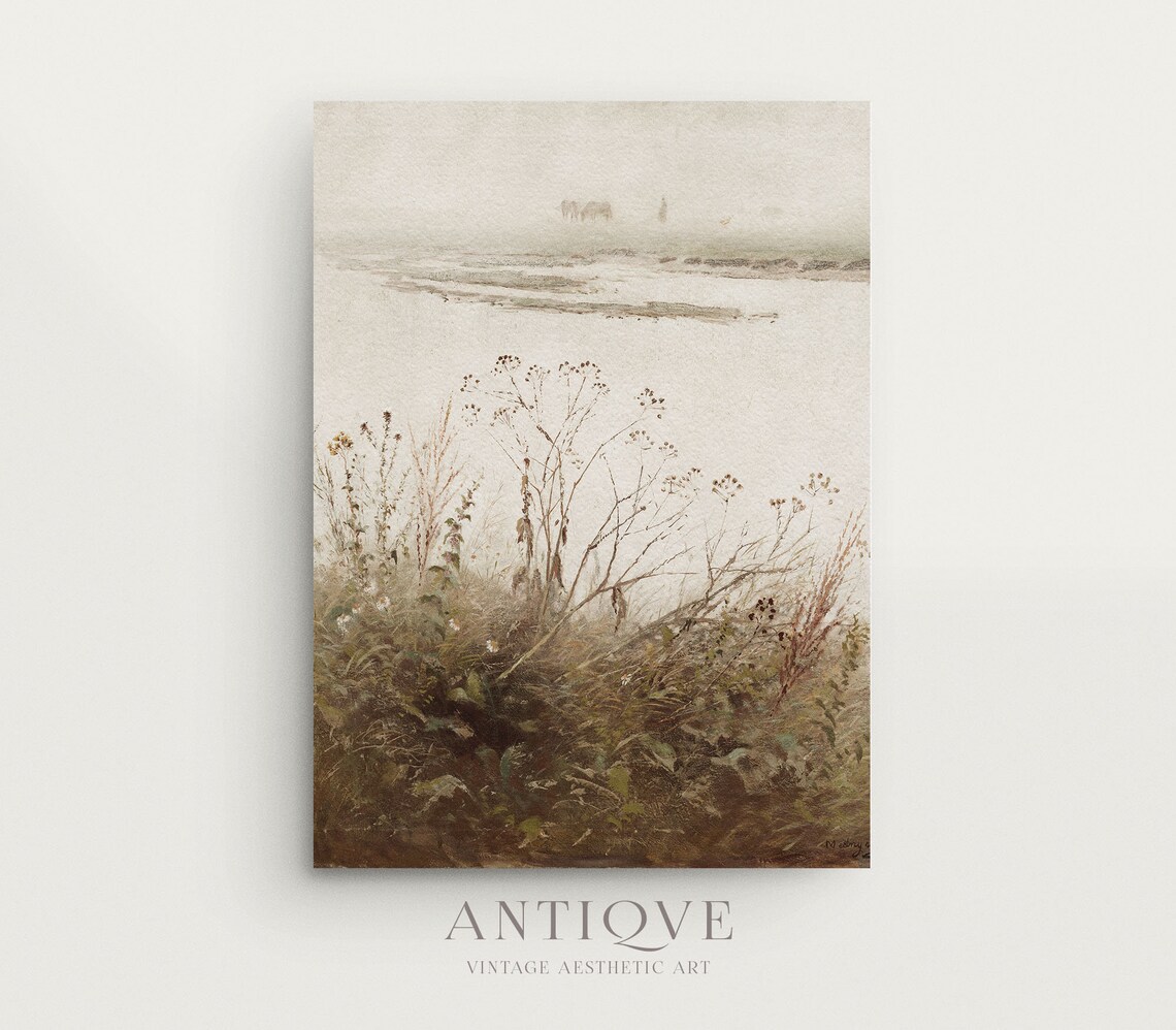 Neutral Wildflowers By The Water, Vintage Art Print - Image 3