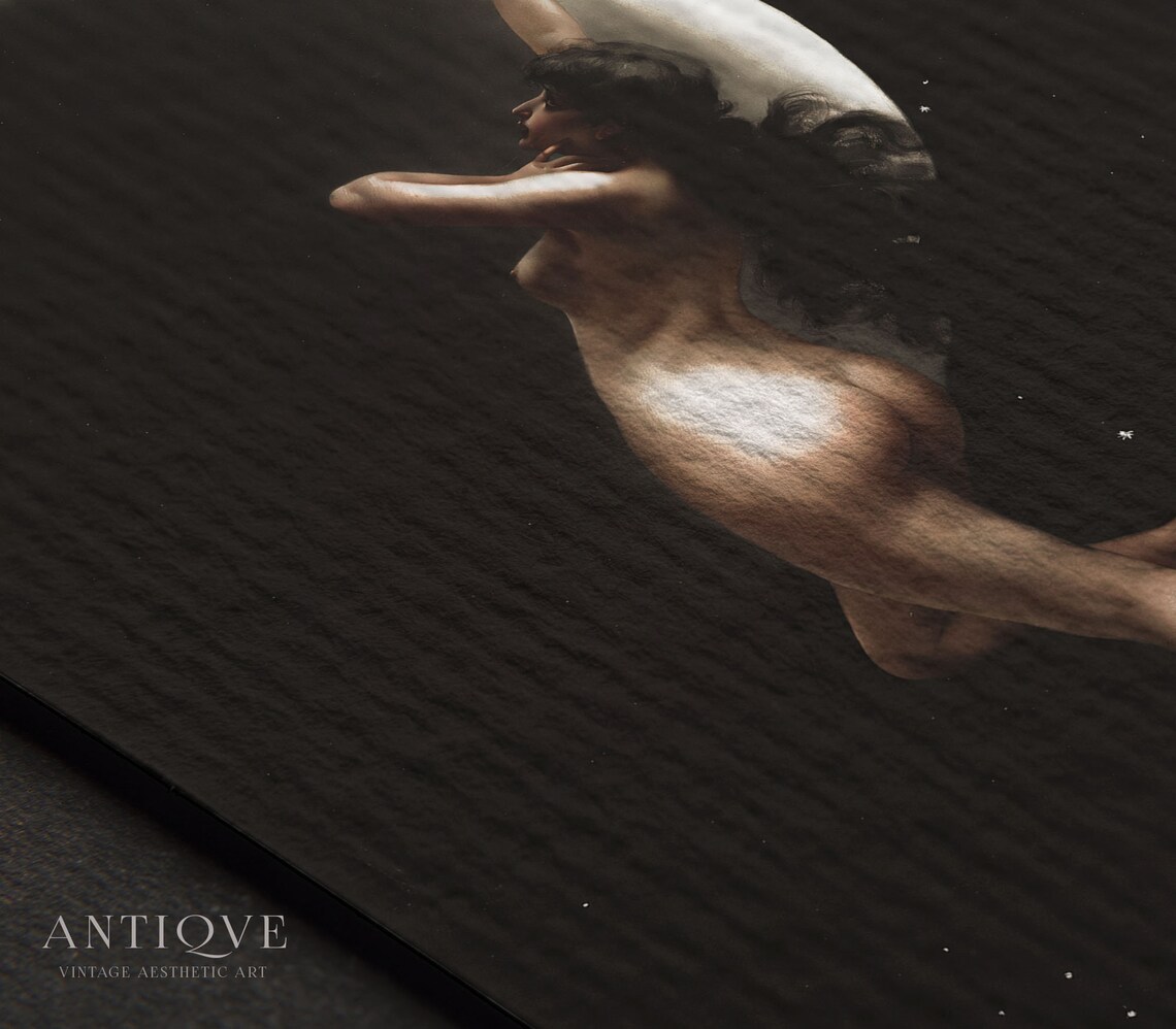 Dark Nymph On Moon, Gothic Nude Painting - Image 2