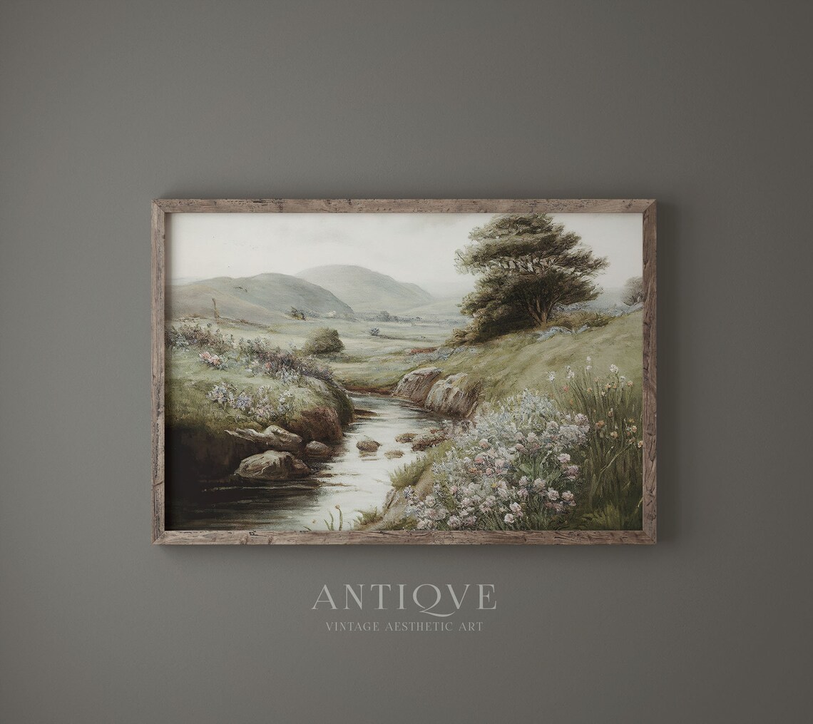 Irish Landscape Painting Stream With Flowers Art Print - Image 4