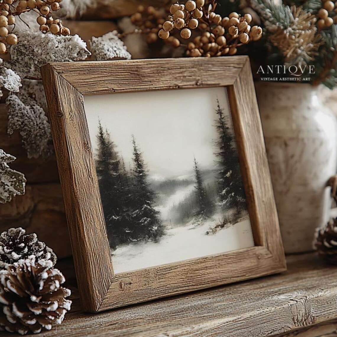 Misty Forest Landscape Painting, Rustic Christmas Decor - Image 4