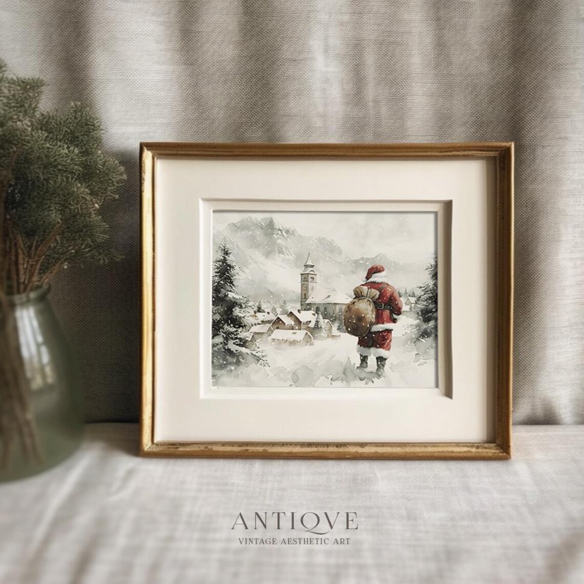 Santa Claus Walking To Snowy Village Watercolor Christmas Art Poster - Image 4