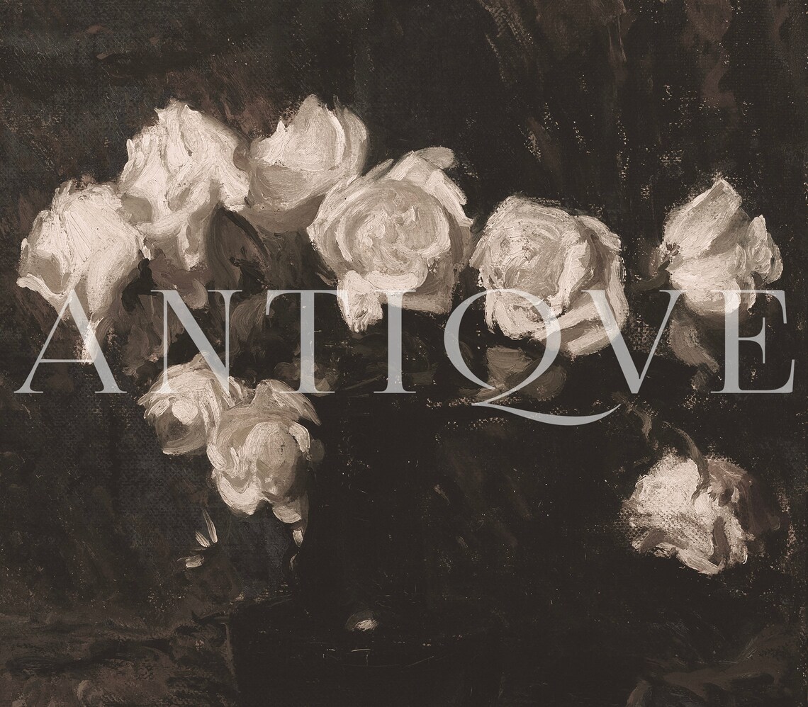 Moody Still Life Oil Painting, Vintage White Roses Art - Image 2