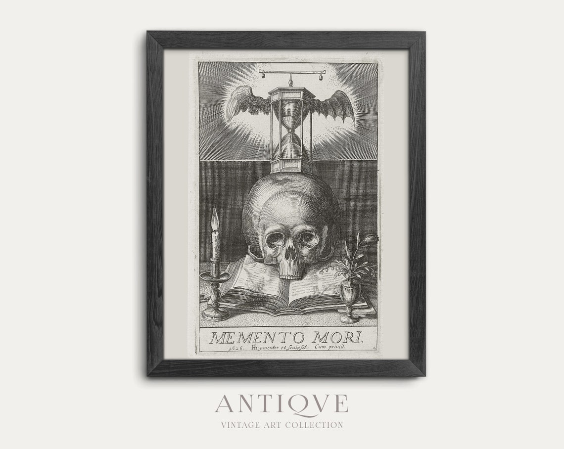 Memento Mori Skull Book Candle Hourglass 1626 Engraving Poster - Image 4