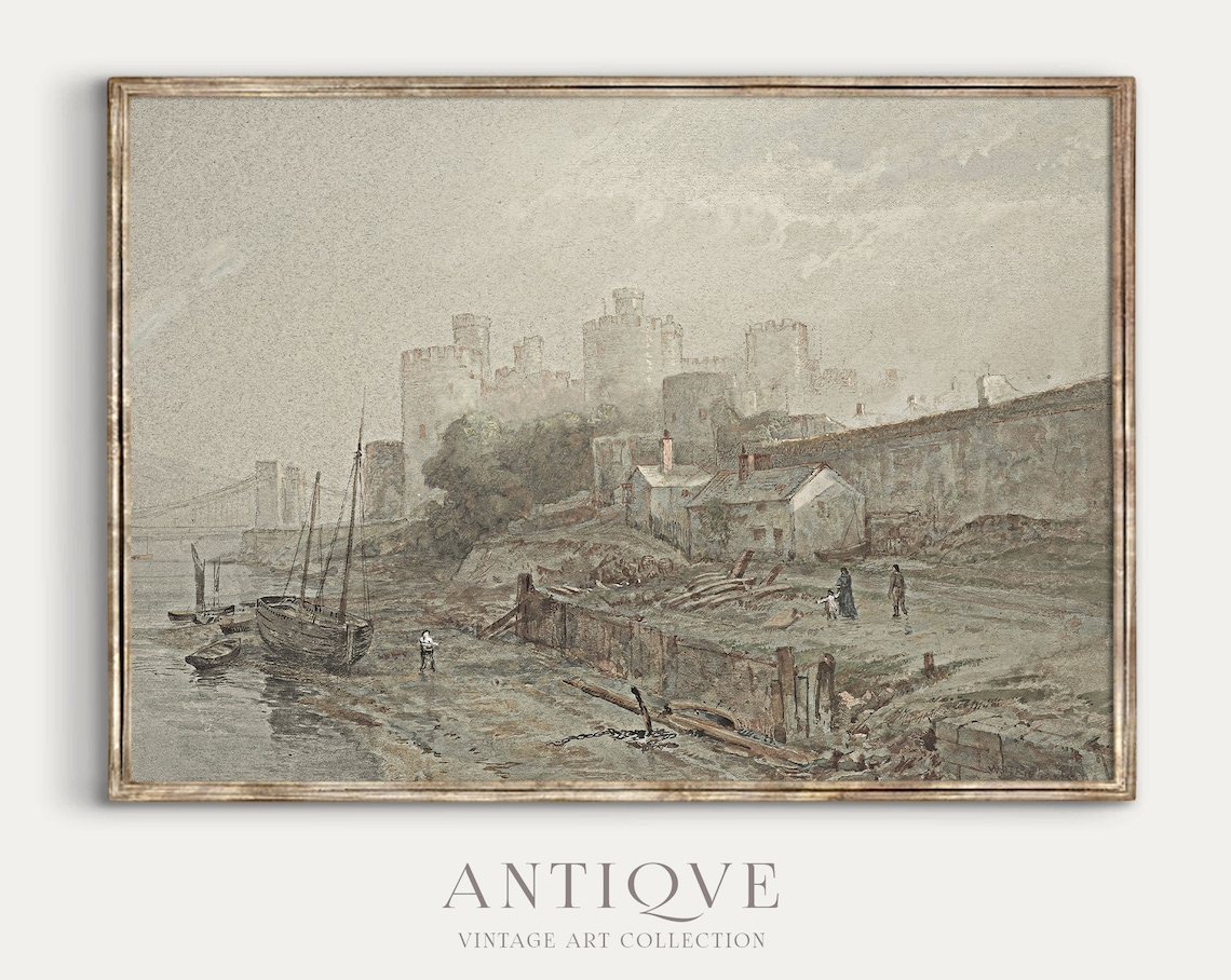 Vintage Sea Harbor with Antique Ships and Castle Coastal Art Print