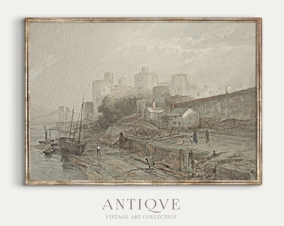Vintage Sea Harbor with Antique Ships and Castle Coastal Art Print