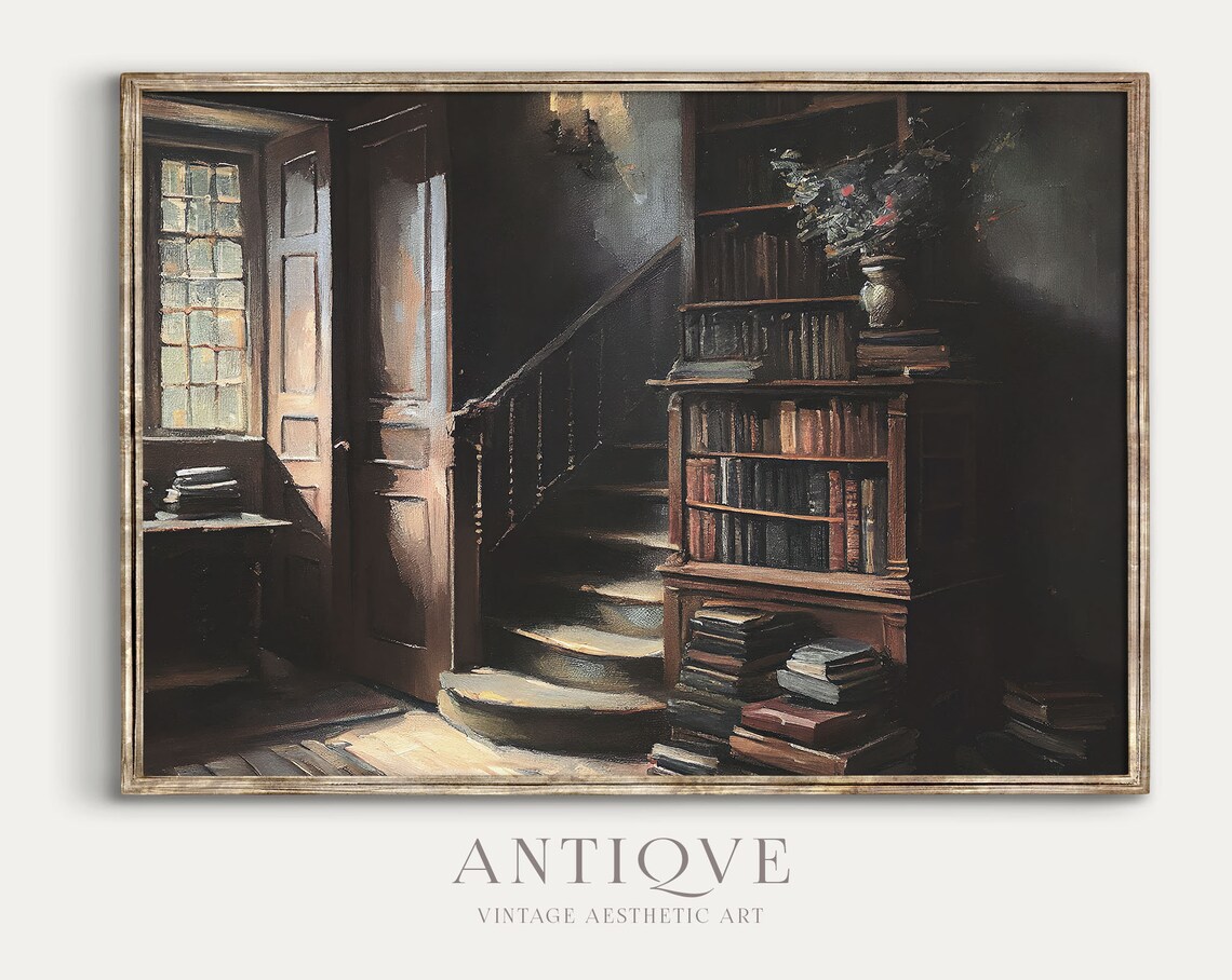 Moody Victorian Staircase With Books and Flowers