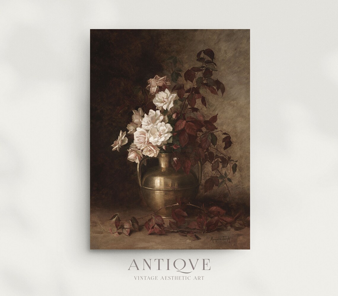 Moody Vintage Floral Still Life, White Roses Art Print - Image 4