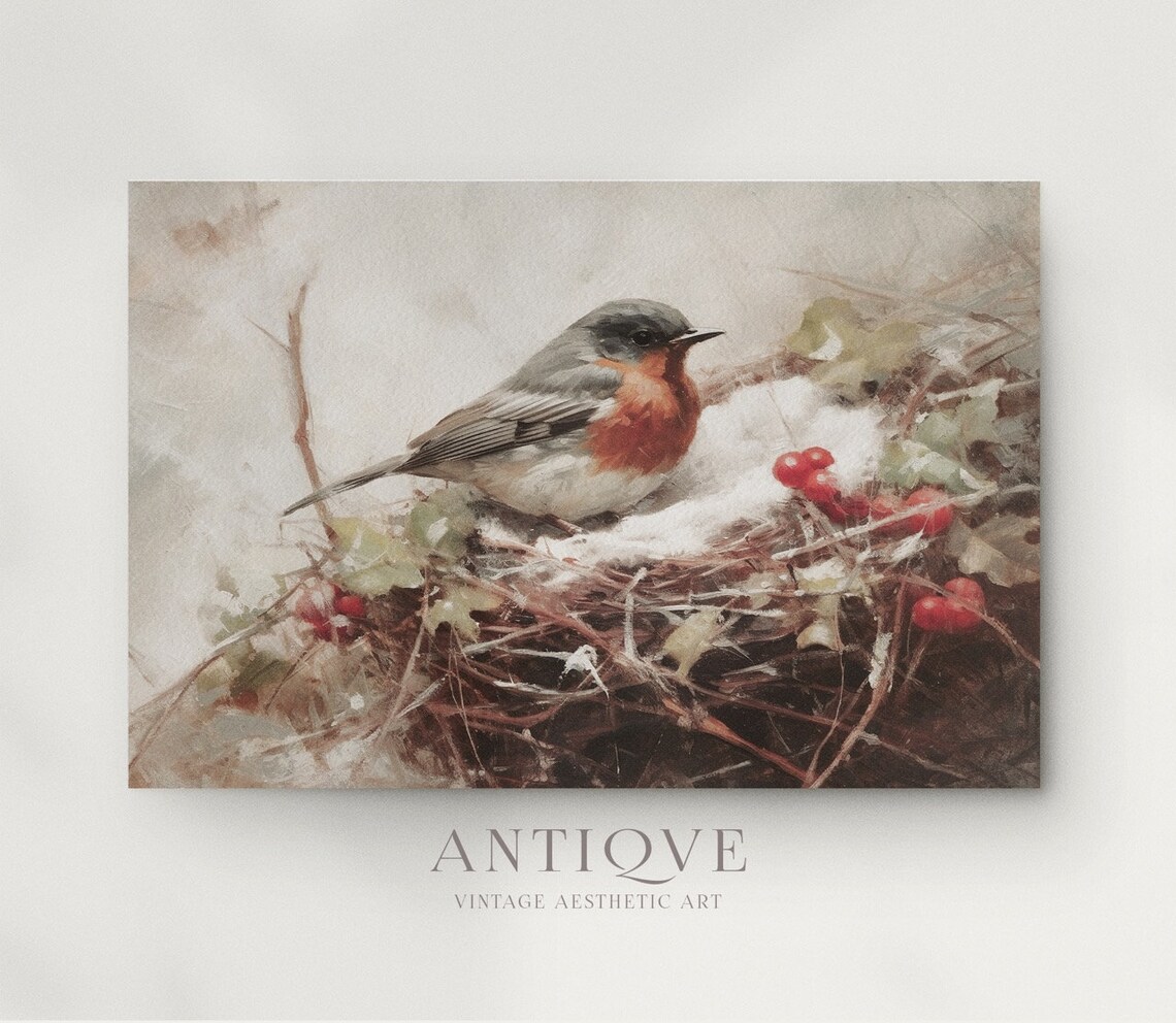 Robin In Nest In The Snow Rustic Christmas Art Print - Image 3