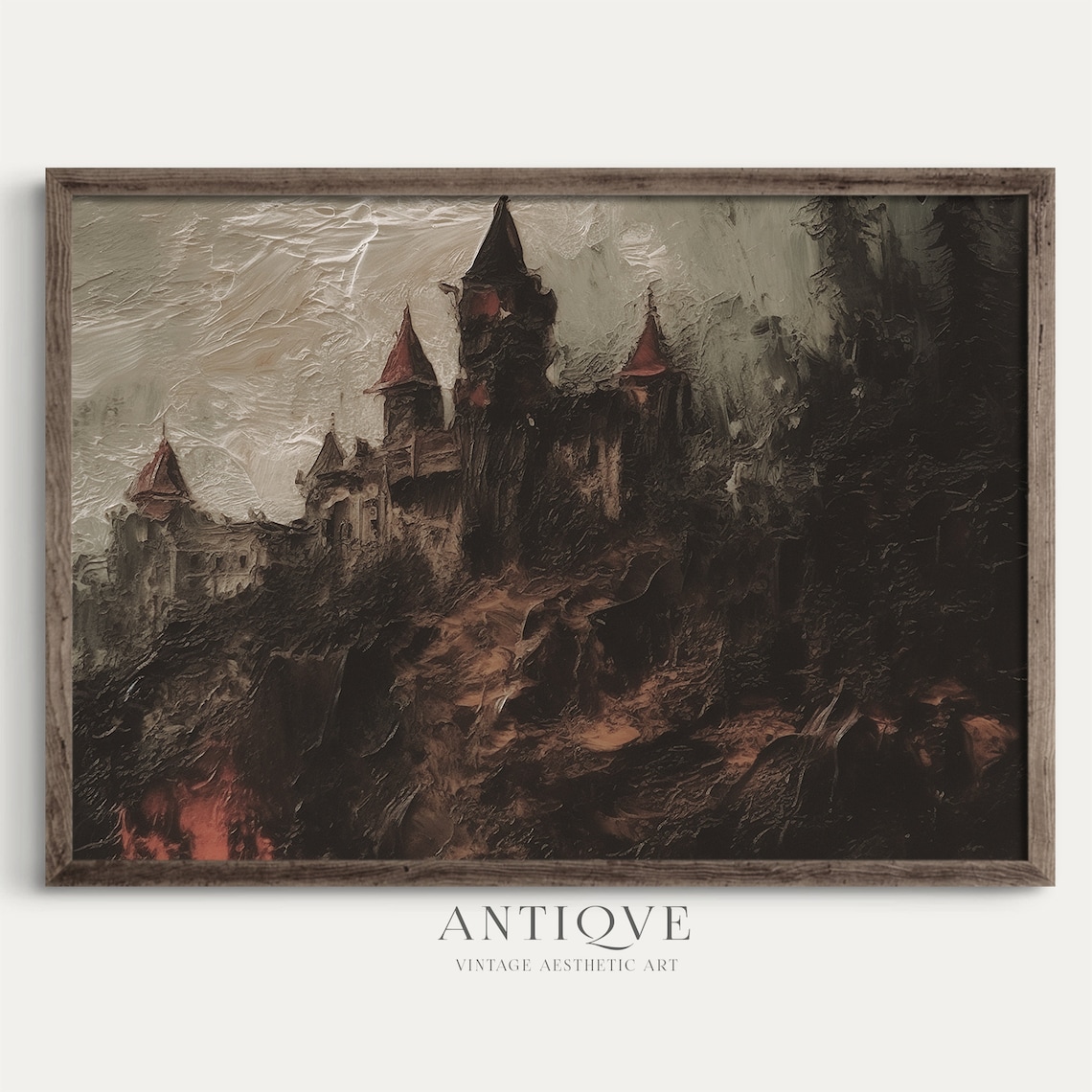 Castle on Fire Cliff Halloween Art Print, Dracula Castle