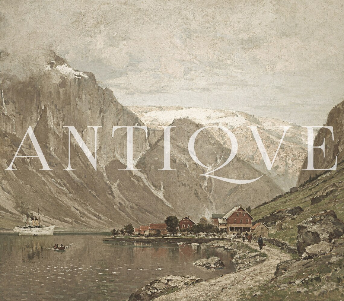 Winter Fjord Village with Boat Vintage Mountain Oil Painting Print - Image 3