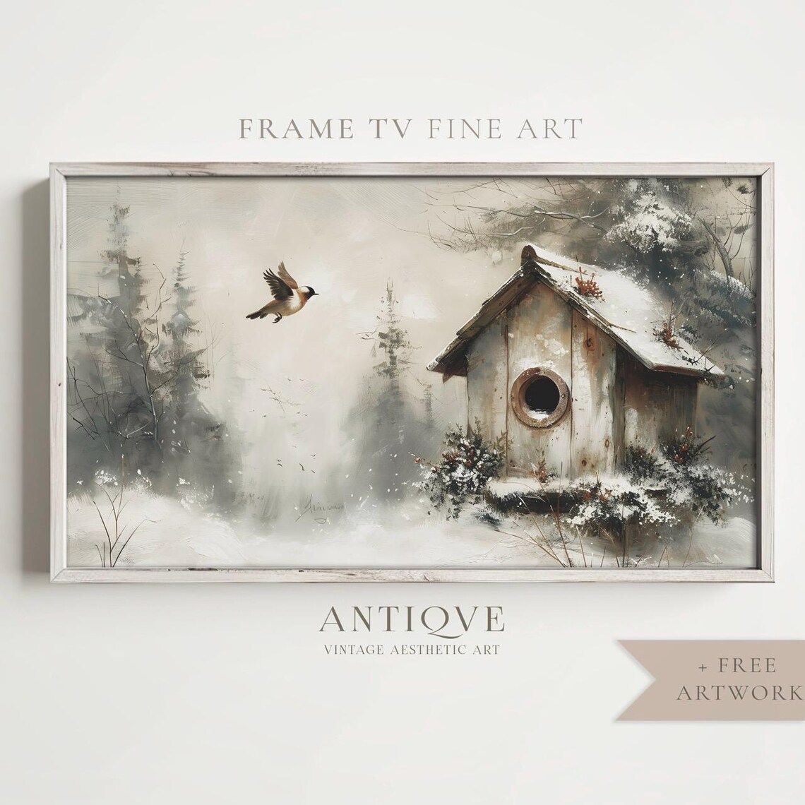 Winter Birdhouse with Flying Bird Misty Forest Snowy Scene Wall Art
