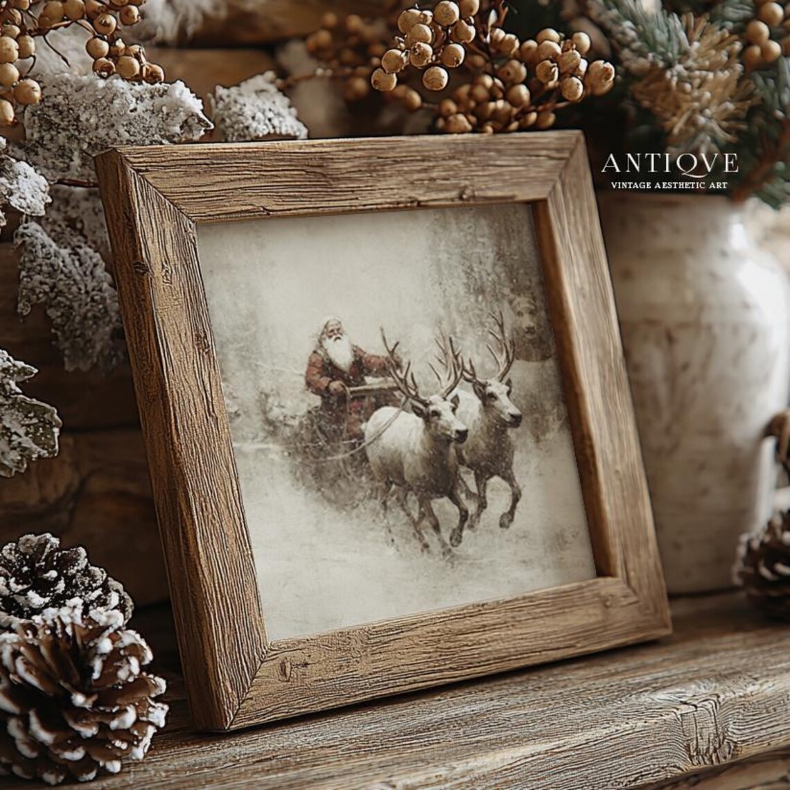 Santa Claus Sleigh Ride With White Reindeer In Snow Winter Poster - Image 3