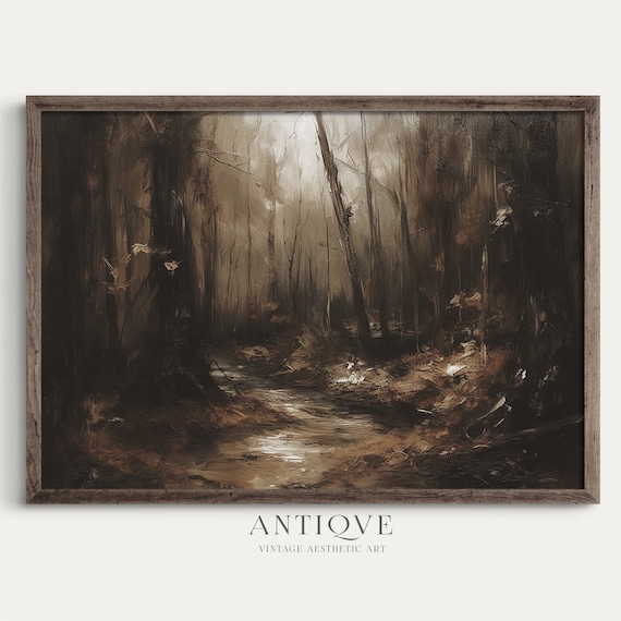 Dark Forest Stream Dusk Light Vintage Woodland Painting Print