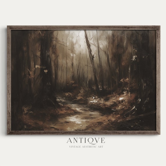 Moody Pathway In Forest Dark Woodlands Painting Subtle Halloween Art 927