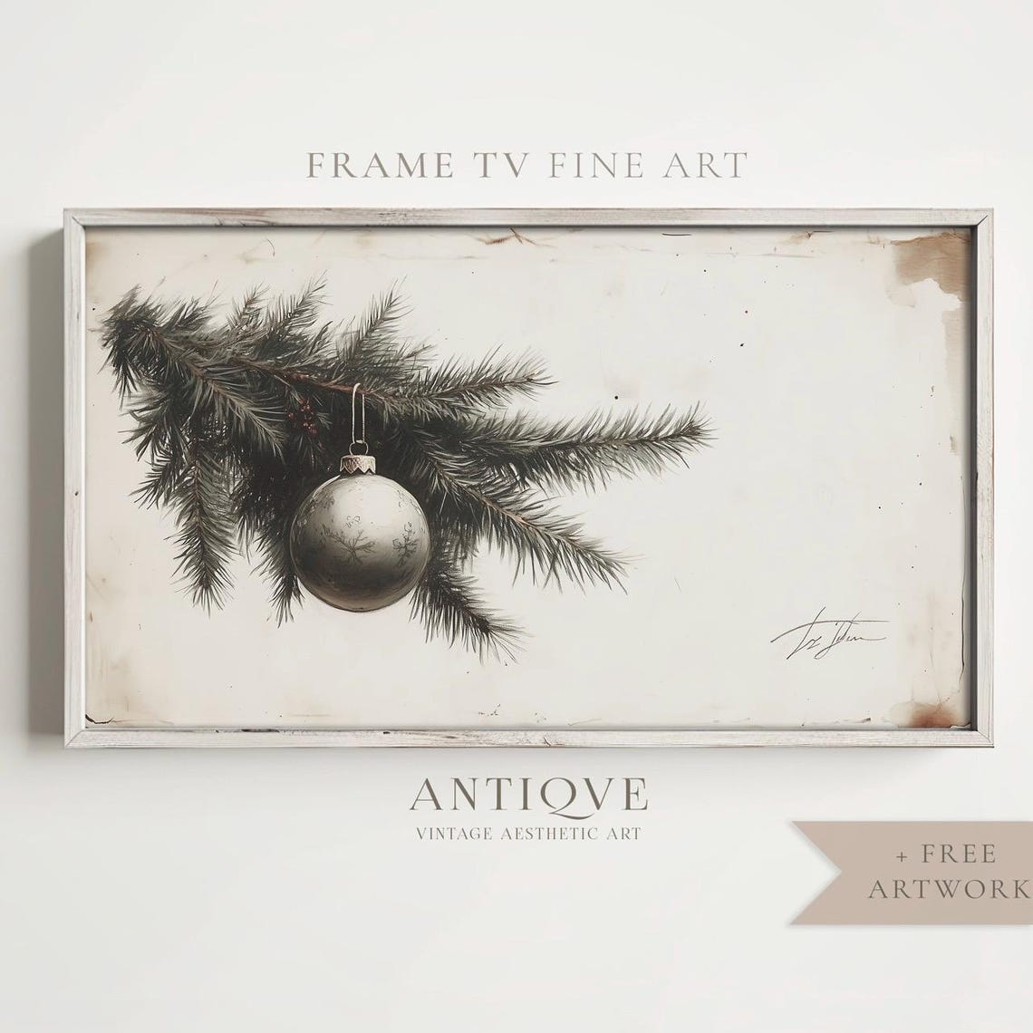Christmas Ornament on Pine Branch Minimal Sketch Neutral Wall Art - Image 4