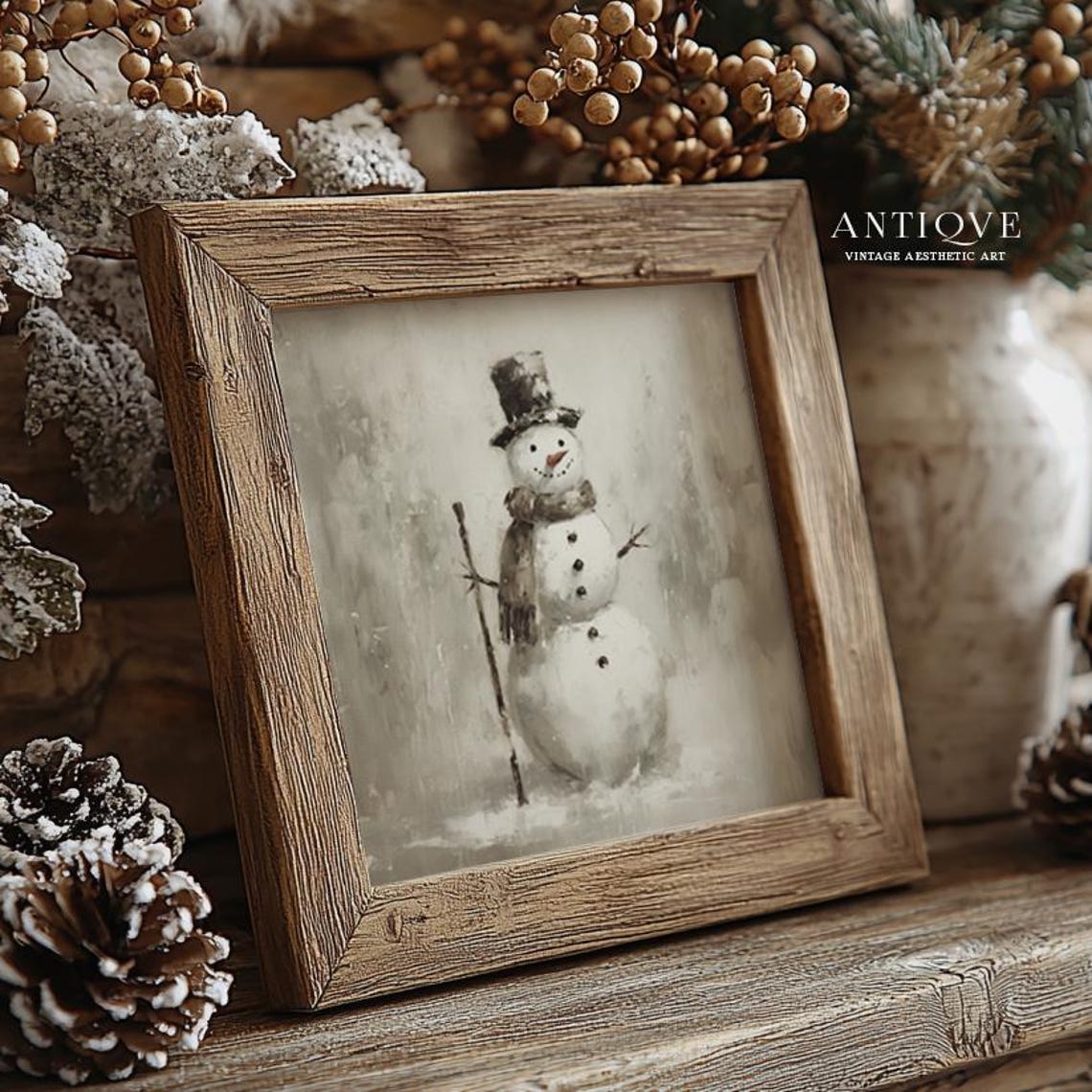 Cheerful Snowman with Top Hat Scarf Rustic Winter Painting Wall Art - Image 2