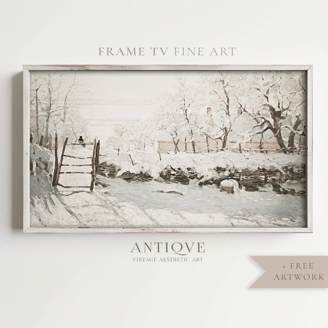 Snowy Meadow with Wooden Gate Bird Winter Impressionist Wall Art
