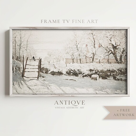 Snowy Meadow with Wooden Gate Bird Winter Impressionist Wall Art