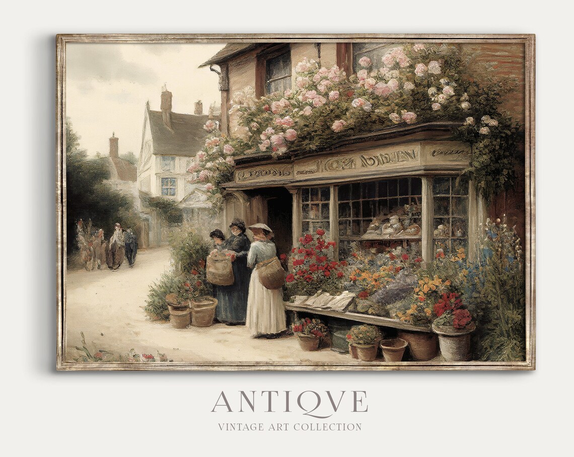 Antique Flower Shop In English Village Vintage Street Scene Poster