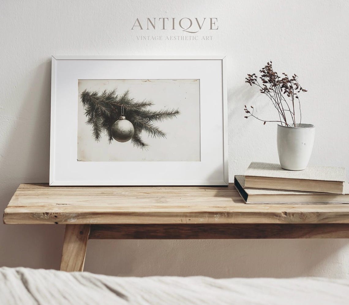 Silver Christmas Bauble on Pine Branch Neutral Sketch Wall Art - Image 3