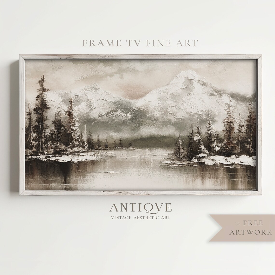 Textured Snowy Mountain Lake Landscape Muted Winter Painting Poster