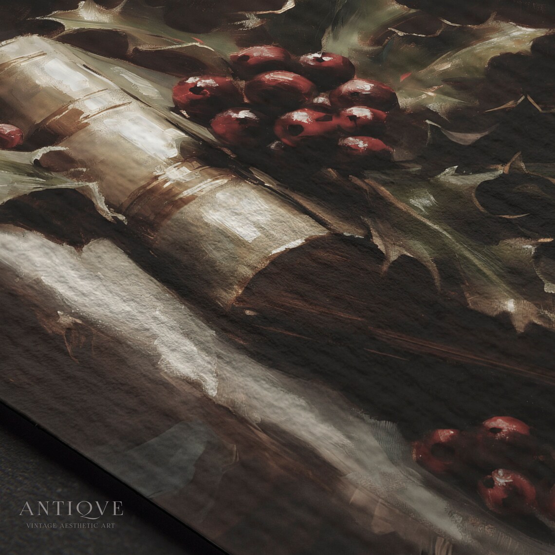 Moody Christmas Book And Holly Berries, Rustic Decor - Image 3
