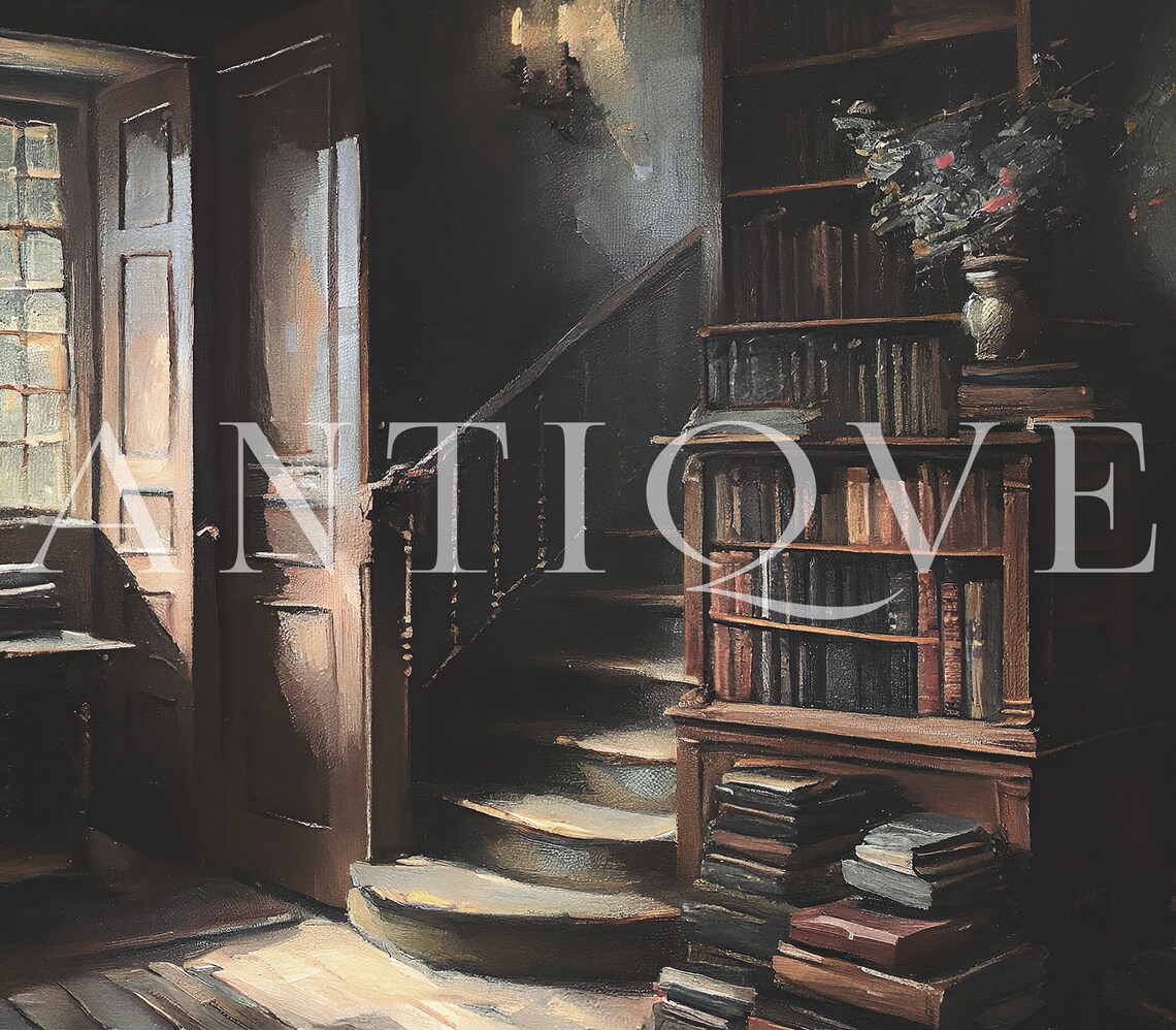 Moody Victorian Staircase With Books and Flowers - Image 3