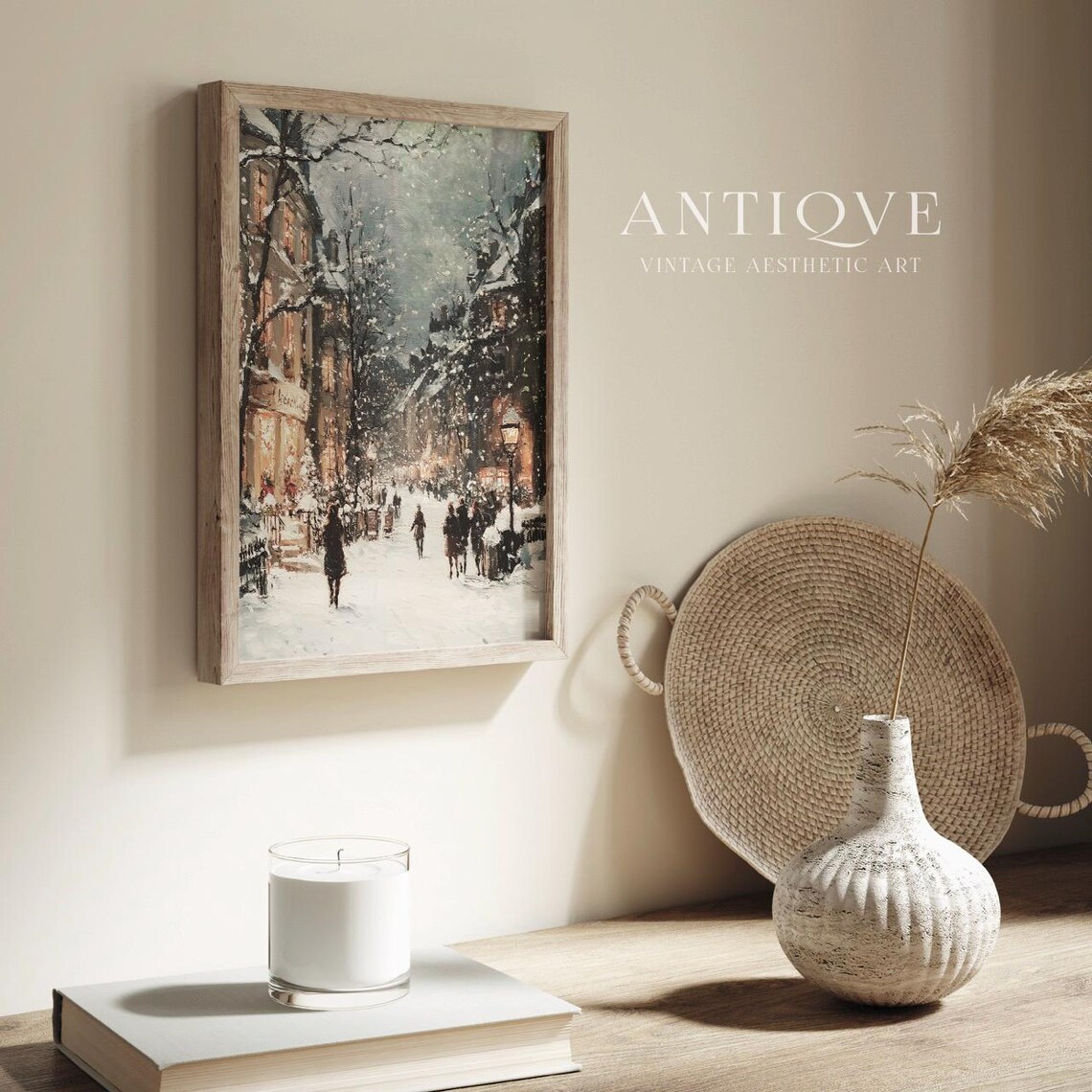 Snowy Busy Village Street, Winter Christmas Decor - Image 2