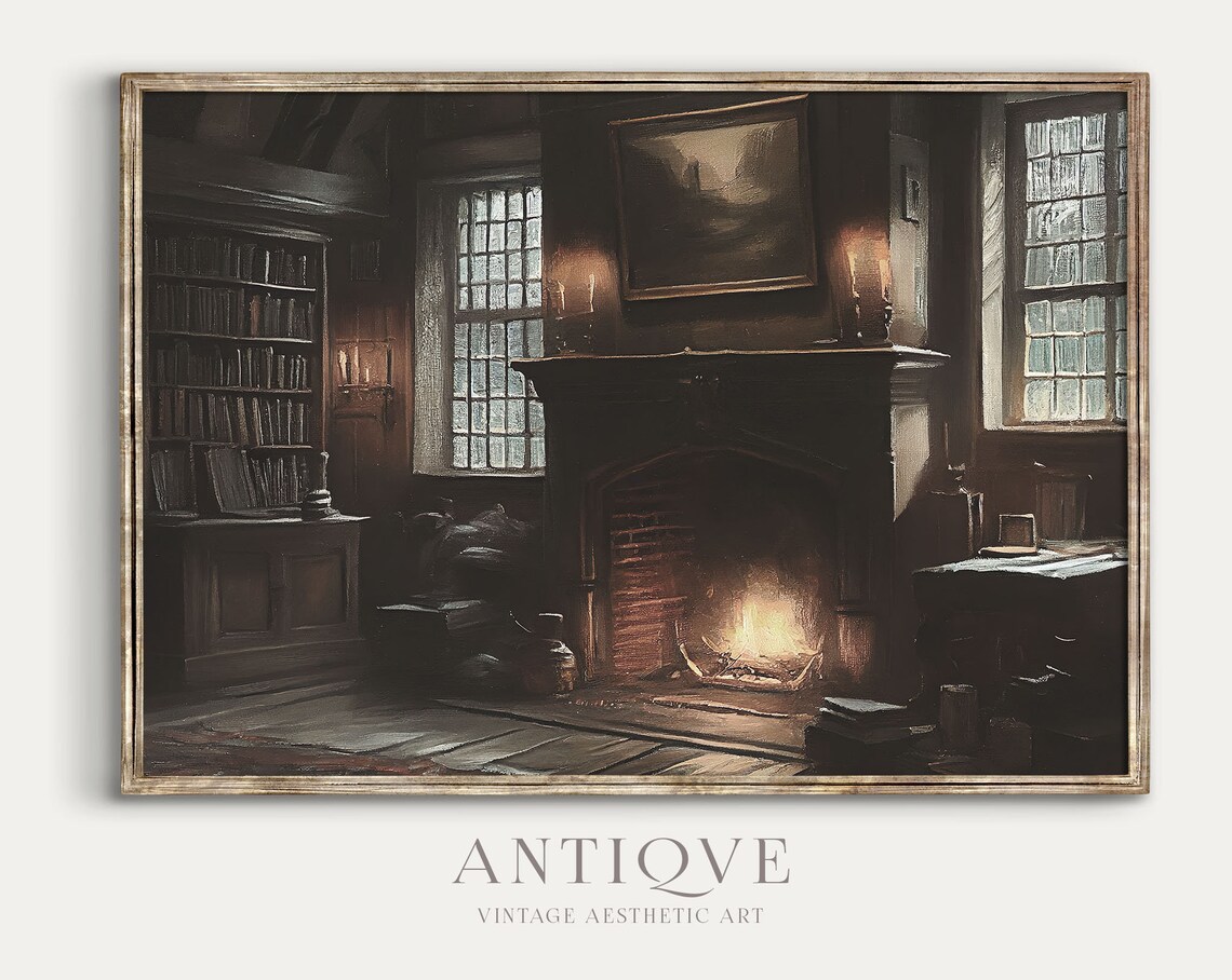 Moody Cottage Living Room Fireplace, Vintage Bookish Art Print