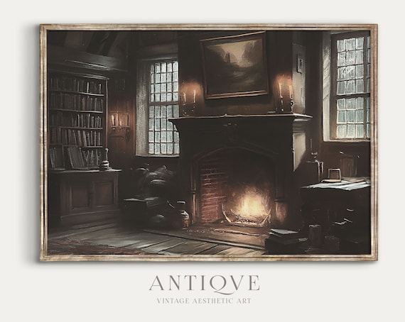 Moody Cottage Living Room Fireplace, Vintage Bookish Art Print