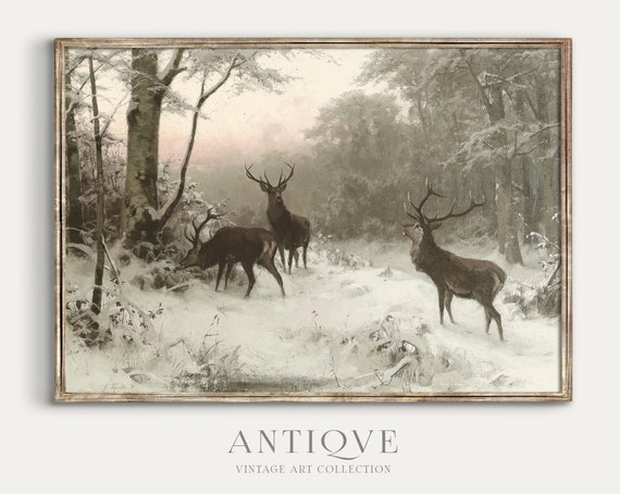 Reindeer in the Snow Country Winter Decor Art Print