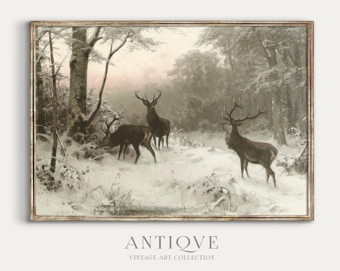 Reindeer in the Snow Country Winter Decor Art Print