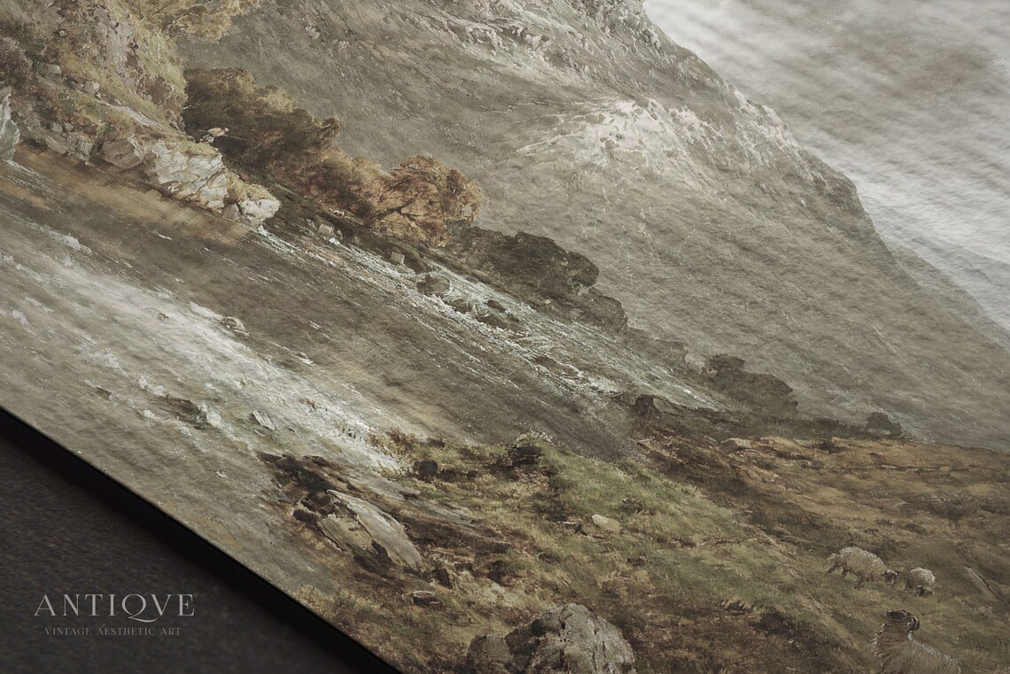 Mountain Valley River Sheep Vintage Oil Painting Landscape Poster - Image 4