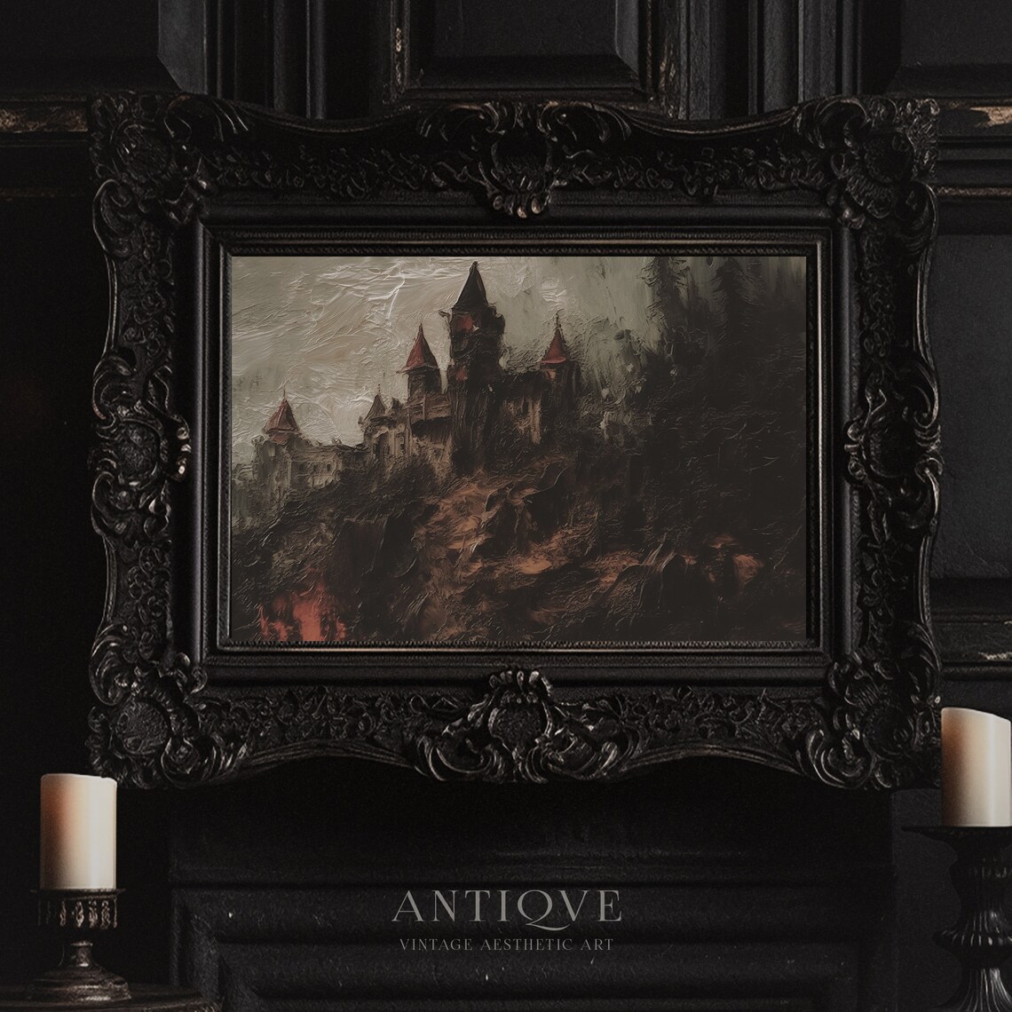Castle on Fire Cliff Halloween Art Print, Dracula Castle - Image 4