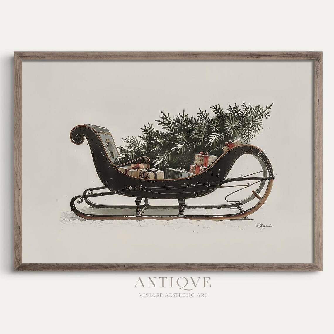 Vintage Sleigh With Christmas Tree Art Print
