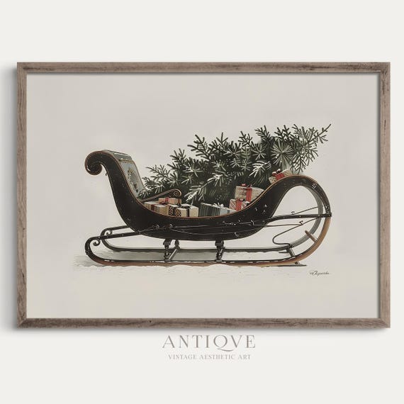 Vintage Sleigh With Christmas Tree Art Print