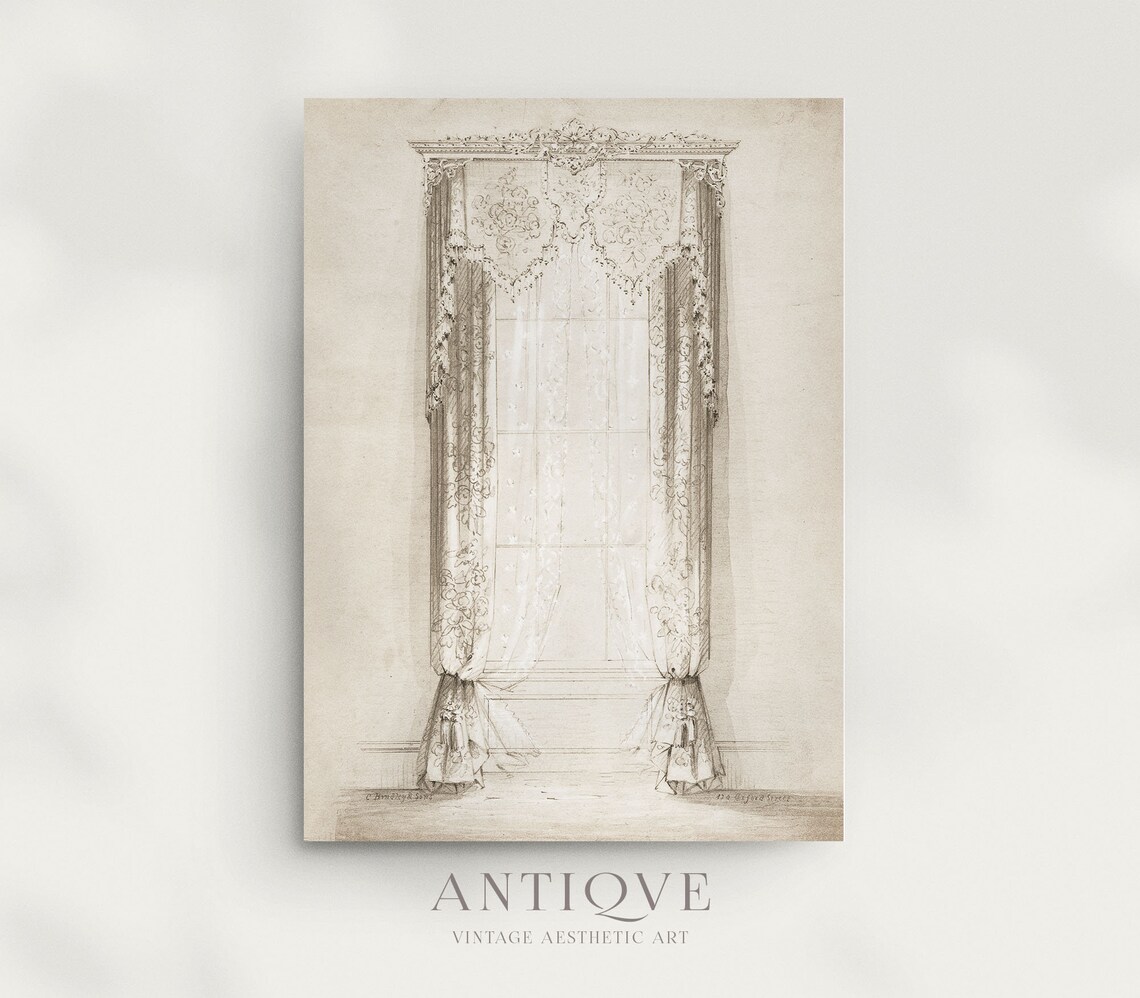Victorian Ornate Window Drapery Curtain Design Sketch Drawing Poster - Image 4