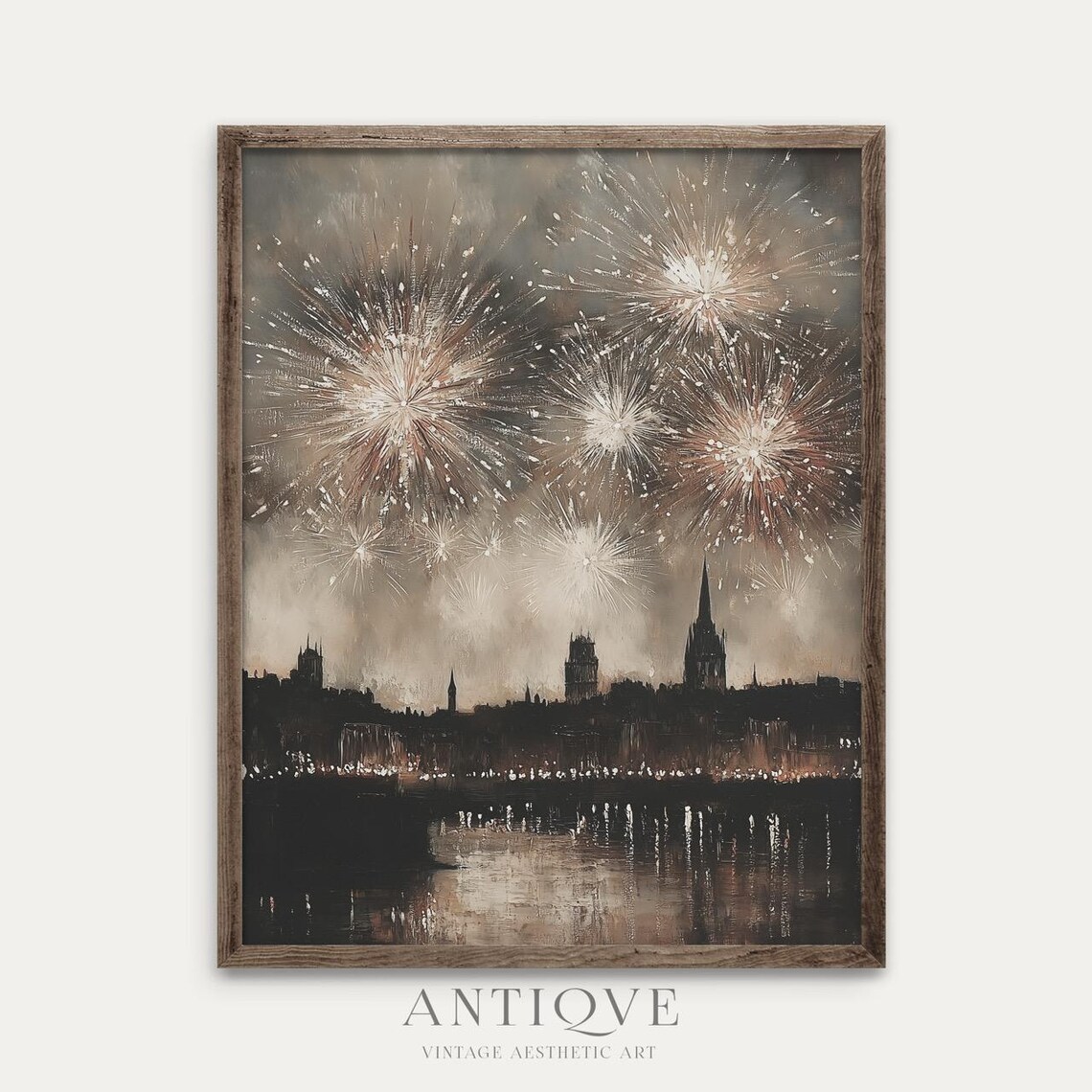 Fireworks Over City Skyline Vertical Oil Painting Festive Print - Image 4