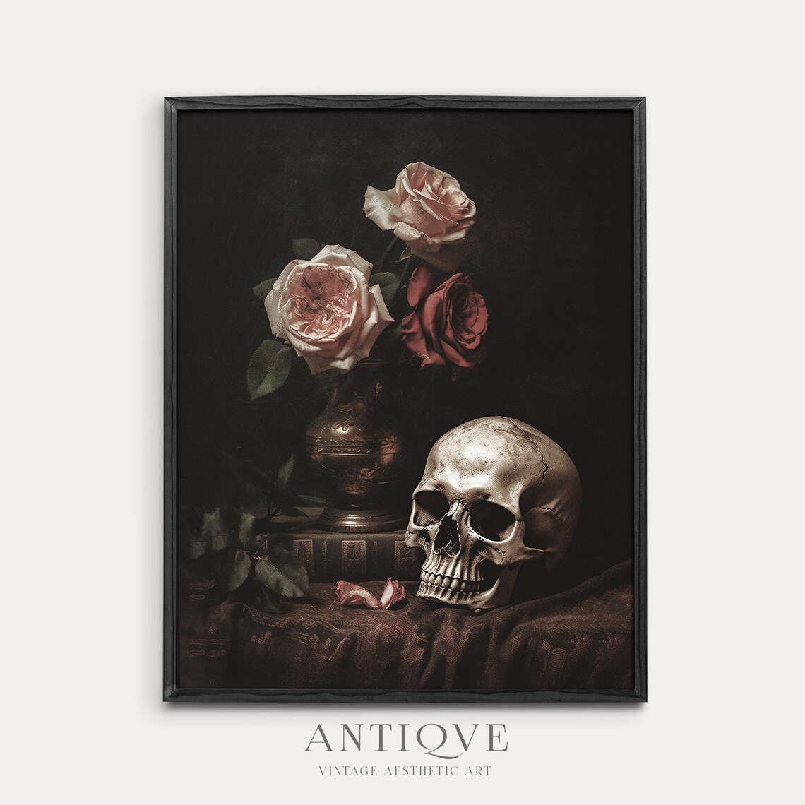 Moody Skull and Roses Goth Decor Halloween Art Print