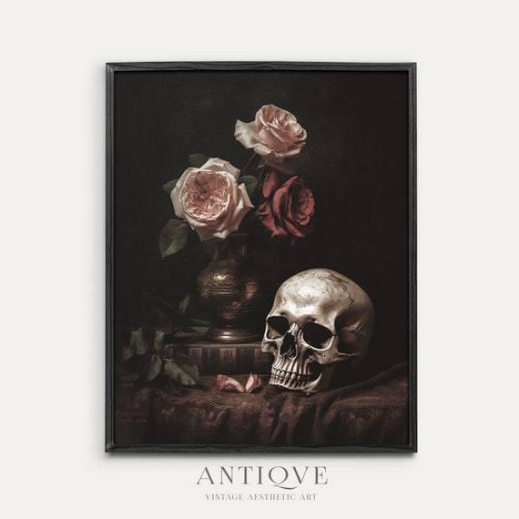 Moody Skull and Roses Goth Decor Halloween Art Print